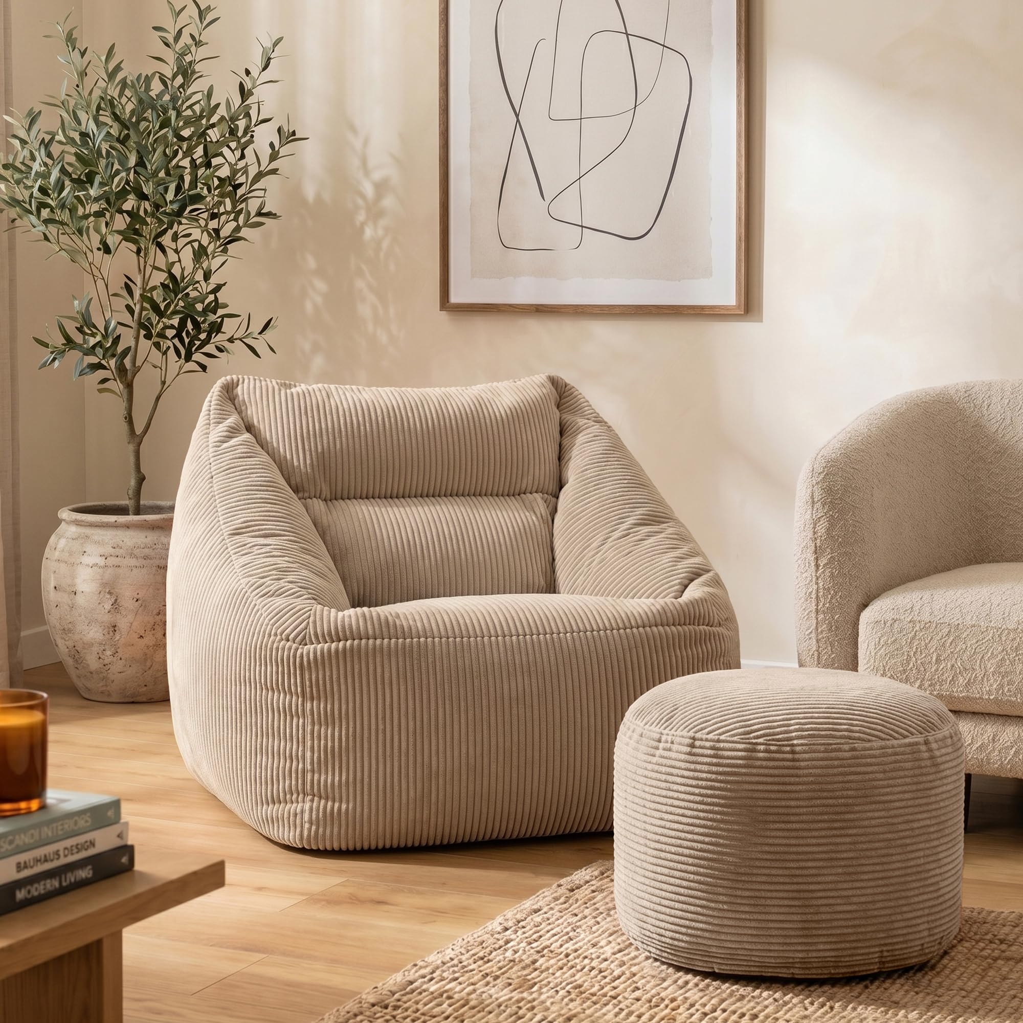icon Natalia Cord Bean Bag Chair & Footstool with Filling Included, Beige