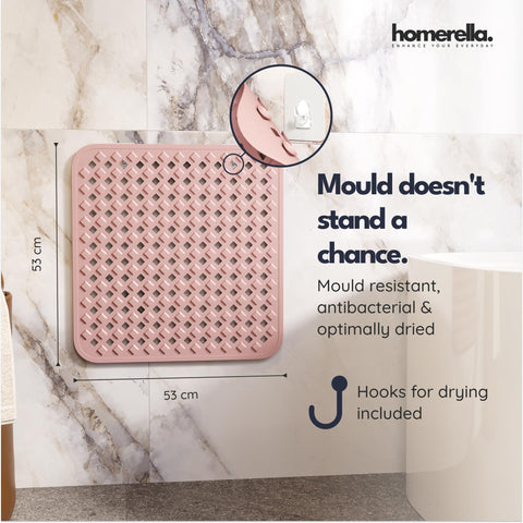 homerella Shower Mat Non Slip Anti Mould 53x53cm, Incl. Hooks for Drying