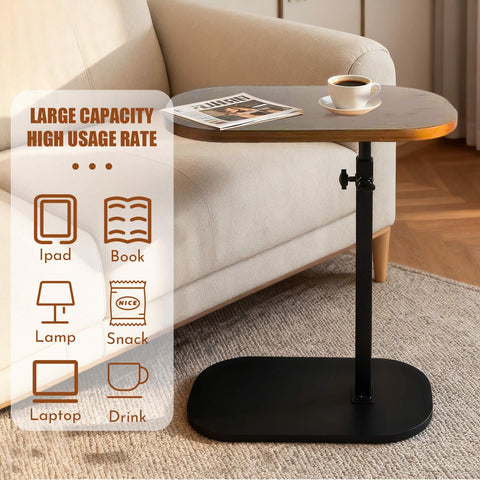 YASHIIN C Shaped Side Table,Adjustable Height, TV Tray Rotating Sofa End Table, Walnut Wood Modern Design, for Living Room and Bedroom