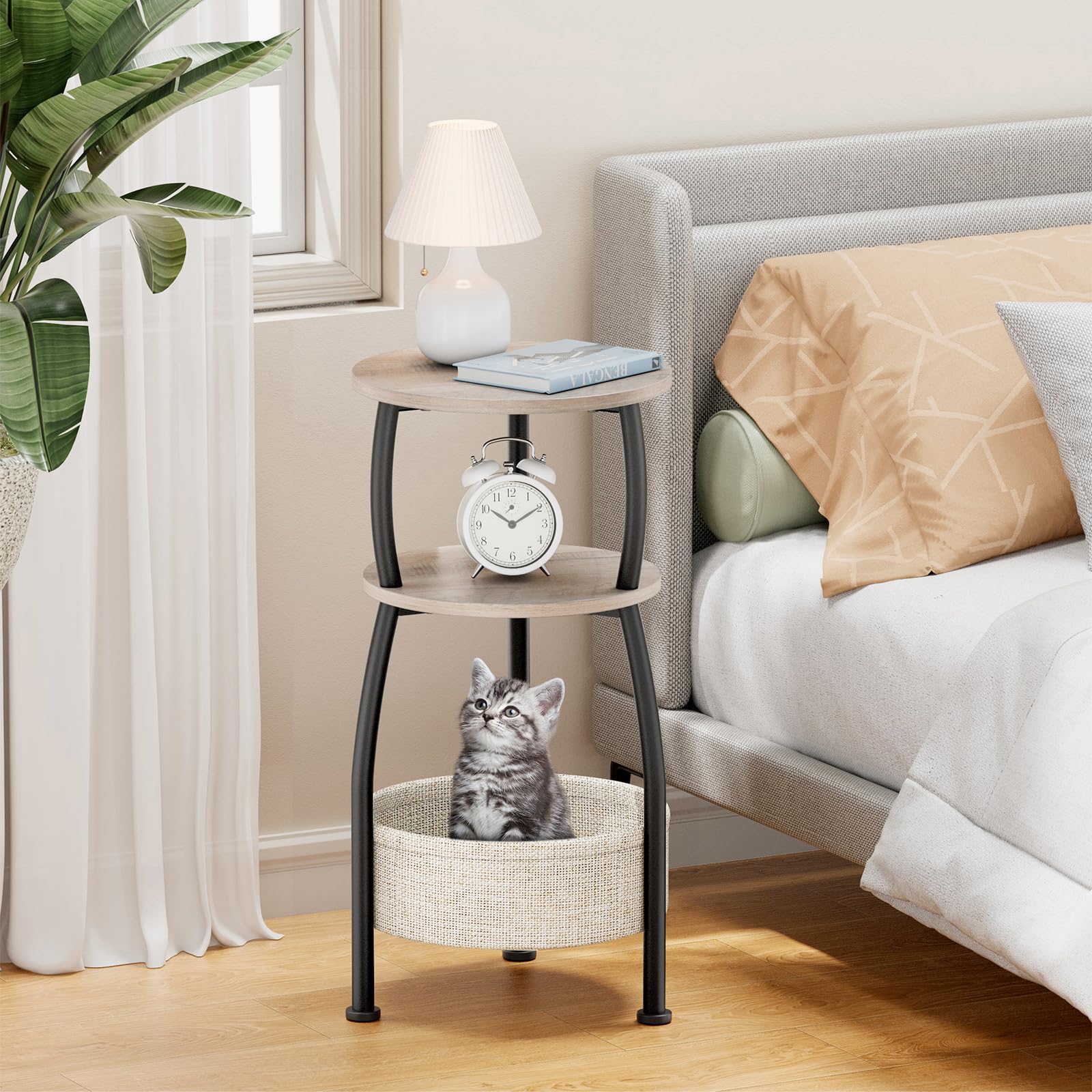 Yuede Round Side Table, 3 Tier Bedside Table, Small End Table with Fabric Basket, Coffee Table for Living Room, Bed Room, Small Space, Easy Assembly