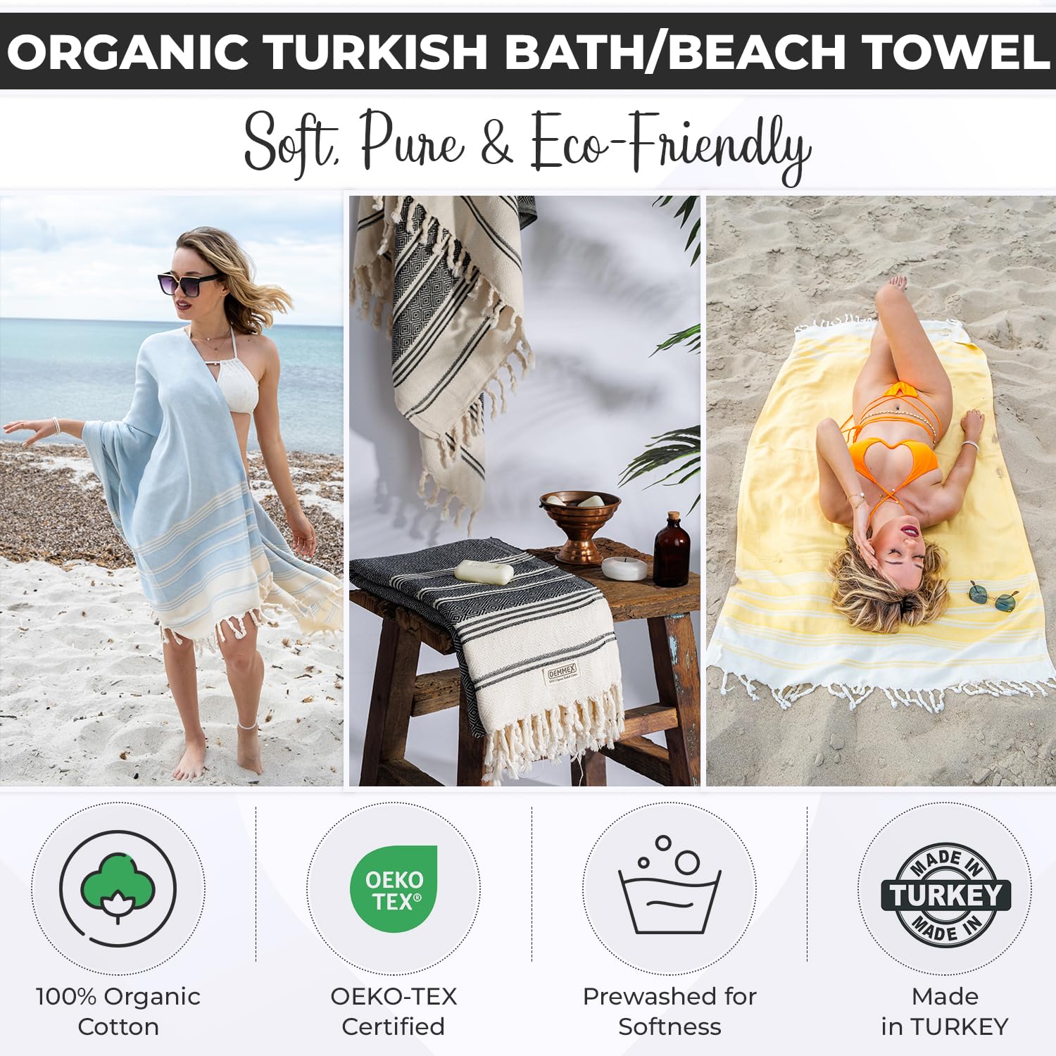 DEMMEX Organic Turkish Cotton Beach Bath Hammam Towel – Quick-Dry, Lightweight, Compact, Sand-Free Beach Towel & Blanket