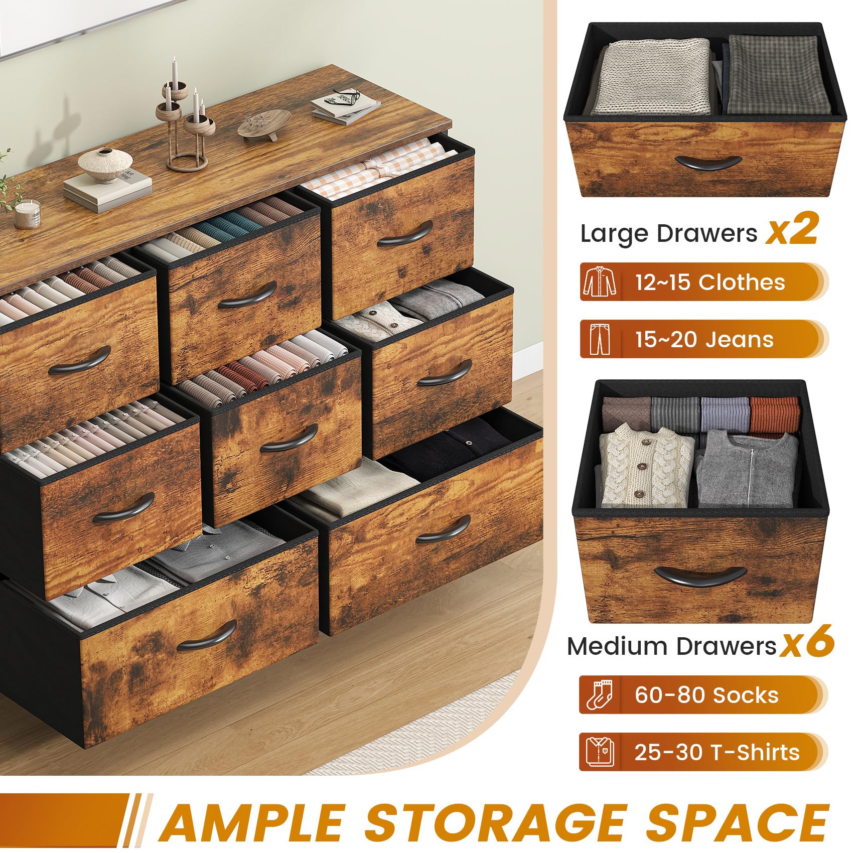 GoaHi Chest of Drawers, Fabric Dressers with Metal Frame and MDF Wooden Top Board, Adjustable Feet, Anti-Tip Safety