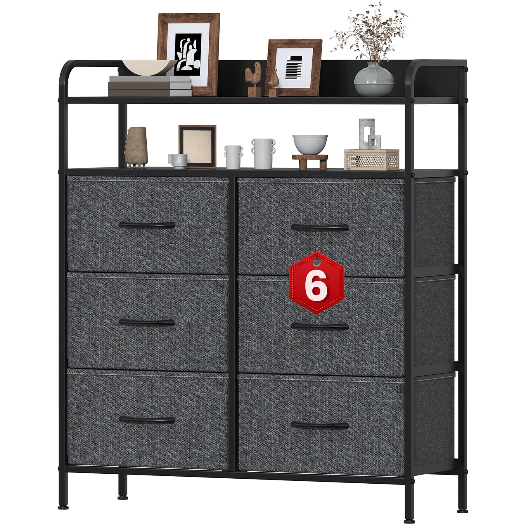 Feonase 6 Drawer Fabric Chest Of Drawers, Double Wooden Top Fabric Storage Tower - Sturdy Steel Frame Dresser for Bedroom/Living Room/Baby Room