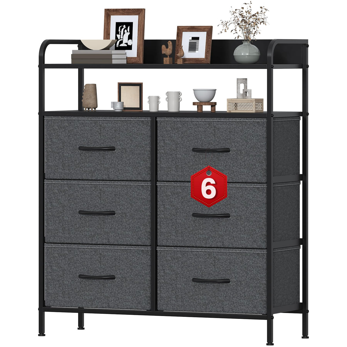 Feonase 6 Drawer Fabric Chest Of Drawers, Double Wooden Top Fabric Storage Tower - Sturdy Steel Frame Dresser for Bedroom/Living Room/Baby Room