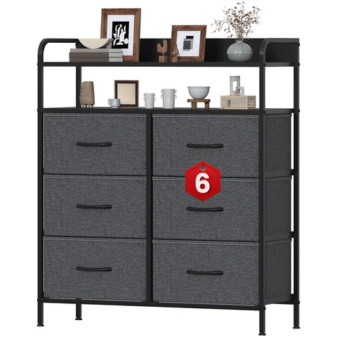 Feonase 6 Drawer Fabric Chest Of Drawers, Double Wooden Top Fabric Storage Tower - Sturdy Steel Frame Dresser for Bedroom/Living Room/Baby Room