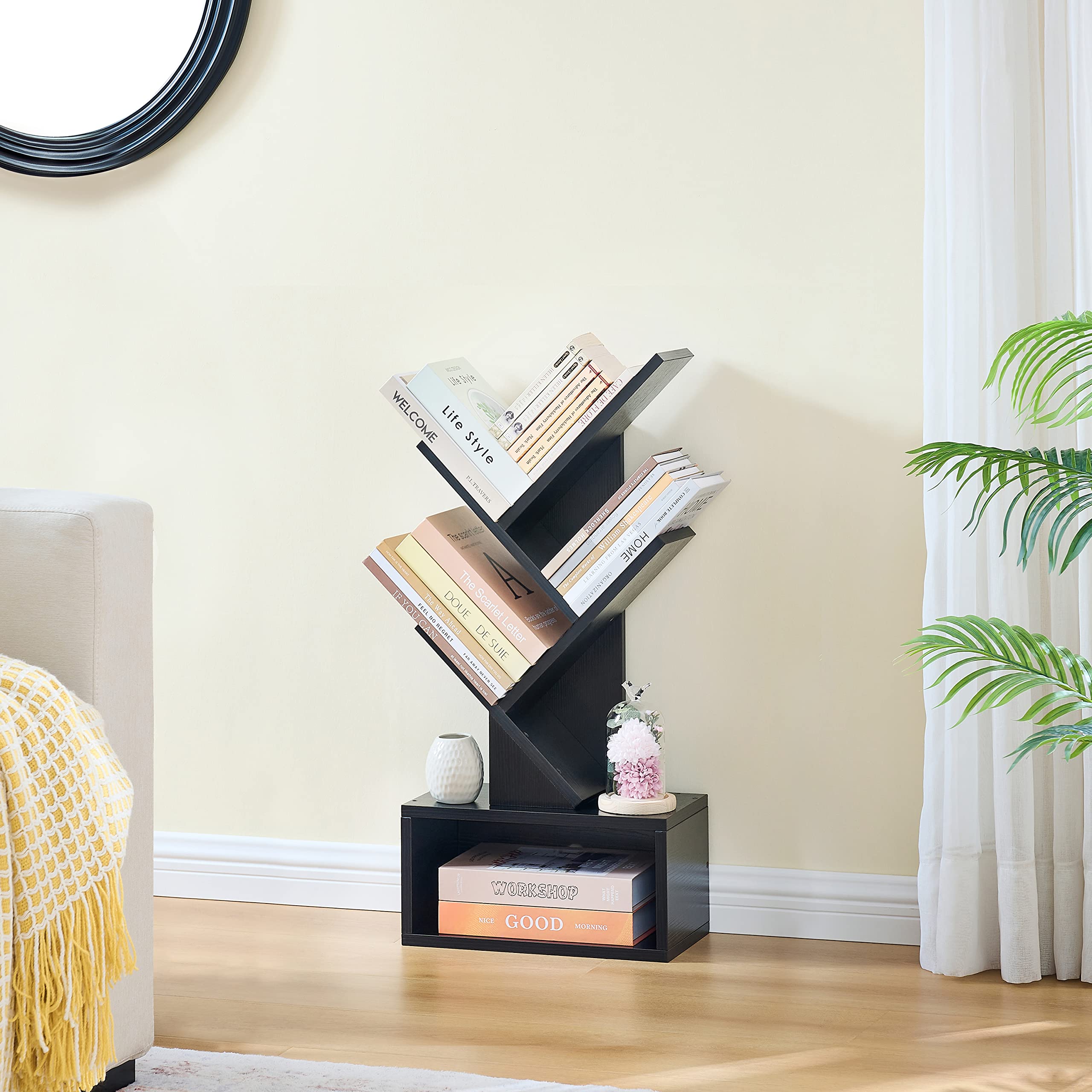 Hoctieon 4 Tier Tree Bookshelf, Tall Bookcase with Drawer, Wood Book Shelf, Modern Floor Standing Bookshelves, Book Organizer Shelves for Bedroom
