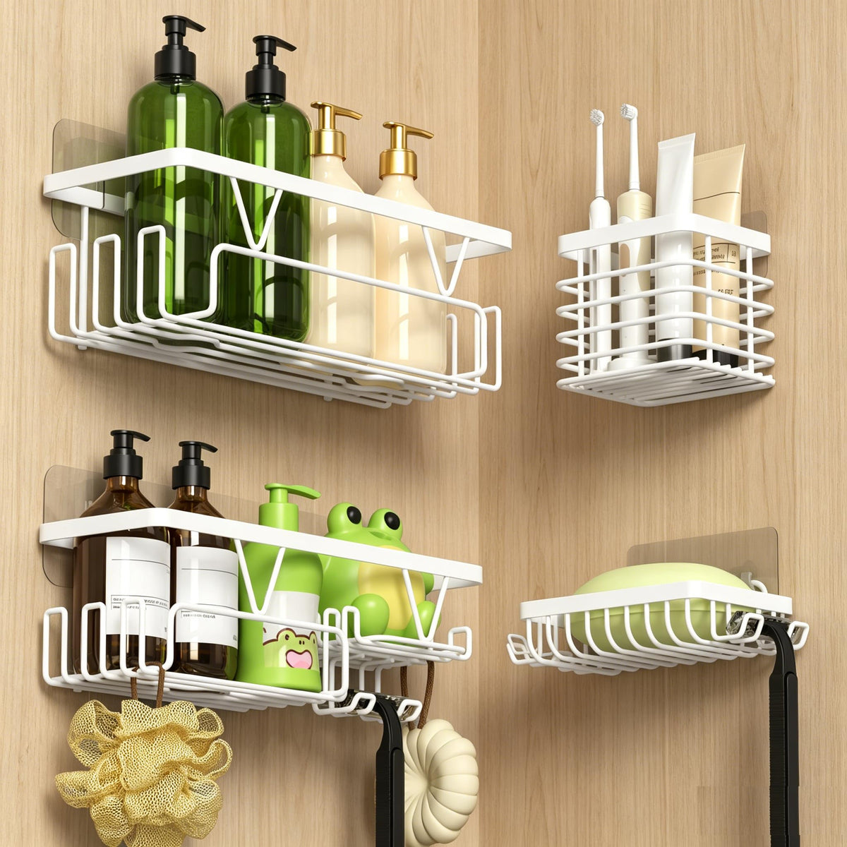 KEGII 4 Piece Shower Caddy with Toothbrush Holder & Soap Holder, White