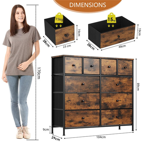 Clevich Chest of Drawers with 10 Fabric Drawers, Wooden top Sideboard, Metal Frame, Anti-Tip Design Storage Cabinet for Bedroom
