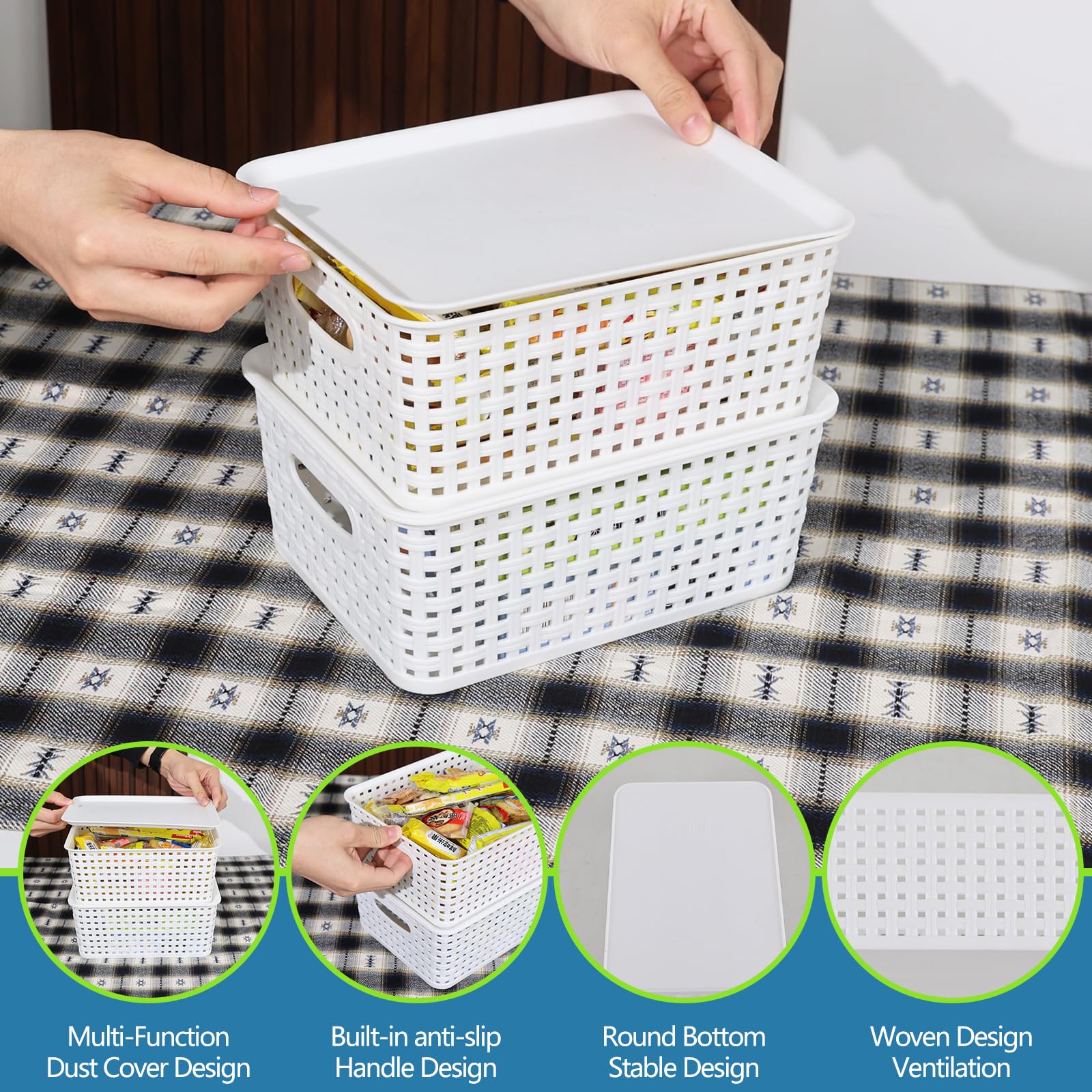 Ziglous 6-Pack Plastic Storage Baskets with Lids, Small Weave Basket Box