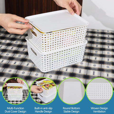 Ziglous 6-Pack Plastic Storage Baskets with Lids, Small Weave Basket Box