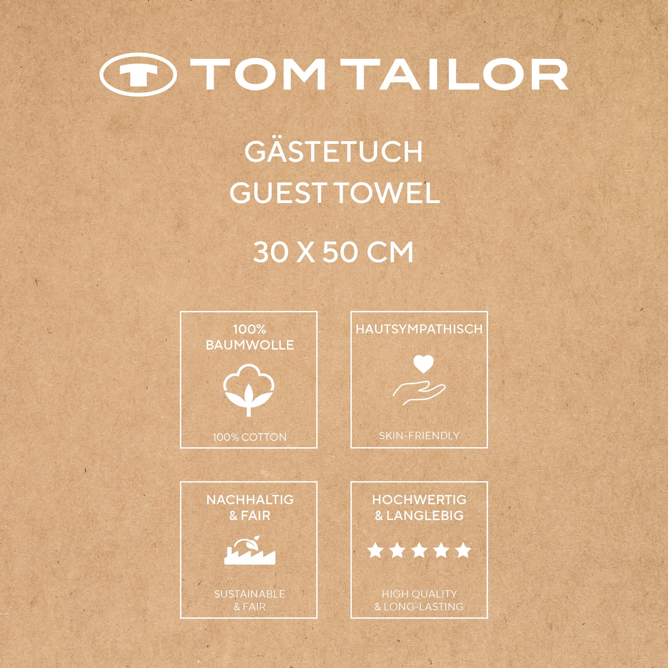 Klaus Herding GmbH Tom Tailor Guest Towels, Set of 6, 30 x 50 cm, 100% Cotton/Terry Towels, with Hanger and Label with Logo, Colour Bath Towel Beige