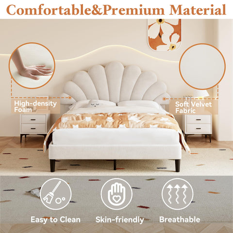 Ball & Cast Double bed frame, 4ft6 Double Upholstered Bed, Adjustable Chic Petal Headboard, Sturdy Wooden Slat Support, Velvet Fabric (No Mattress)