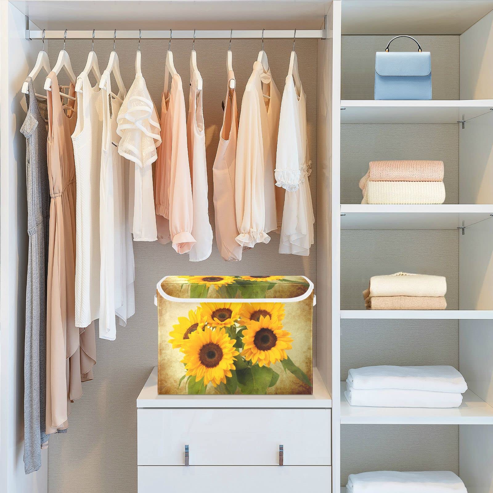 Mnsruu Storage Boxes with Lids, Sunflowers Shabby Chic Large Storage Basket Organizer Shelves Cube Bin Toy Clothes Underbed