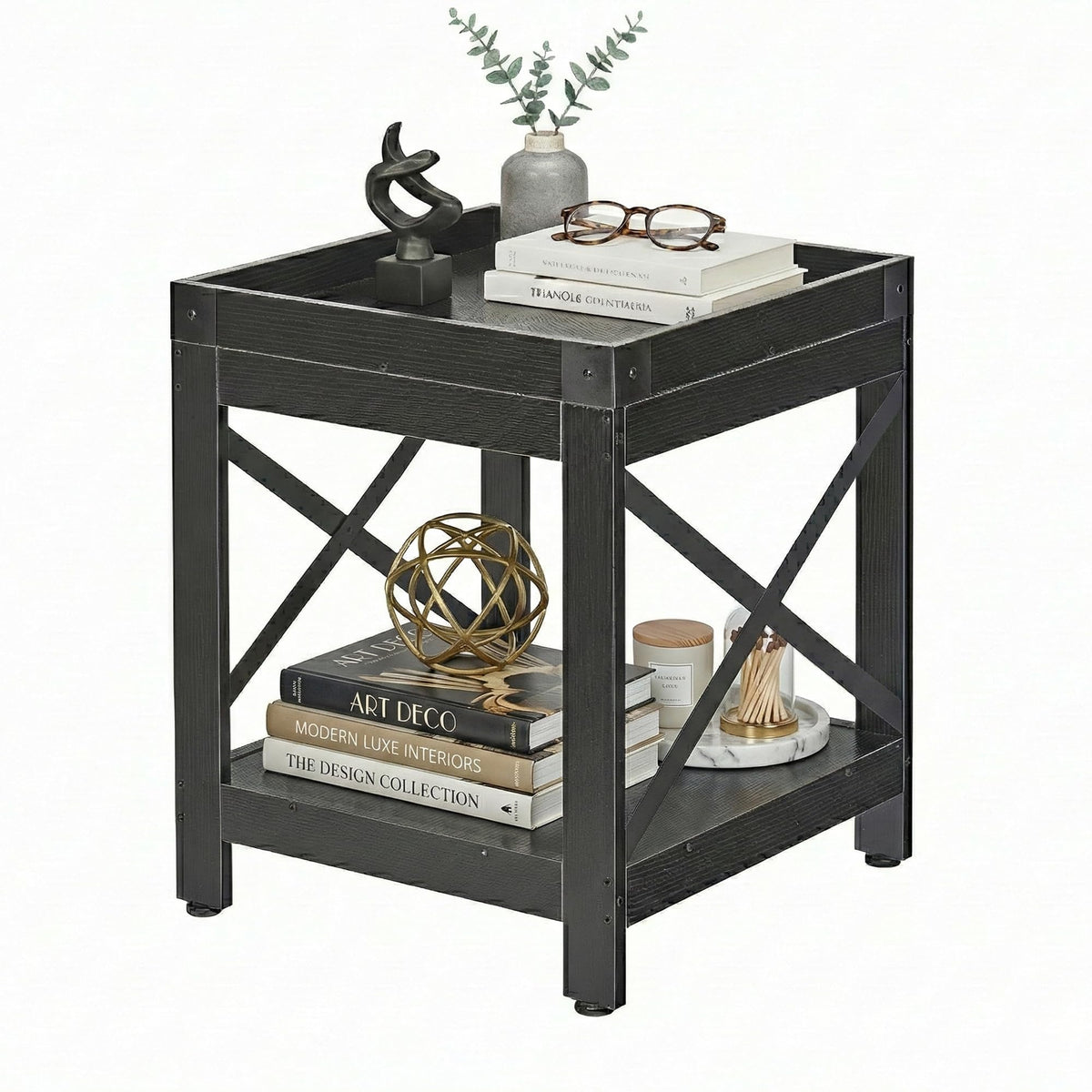 Farmhouse Square Side Table with Open Storage Shelves, Large End Table Modern Sofa Table with X-Metal Frame
