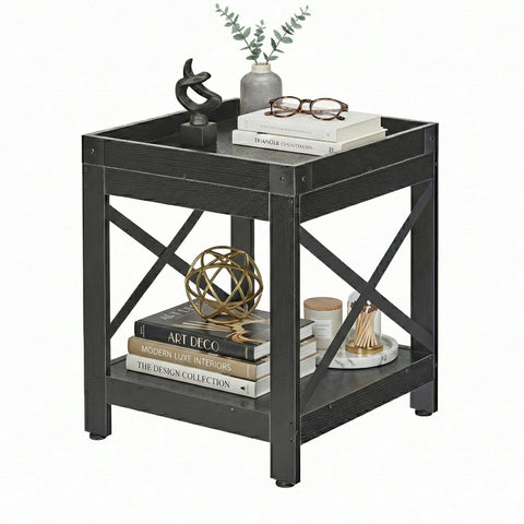 Farmhouse Square Side Table with Open Storage Shelves, Large End Table Modern Sofa Table with X-Metal Frame
