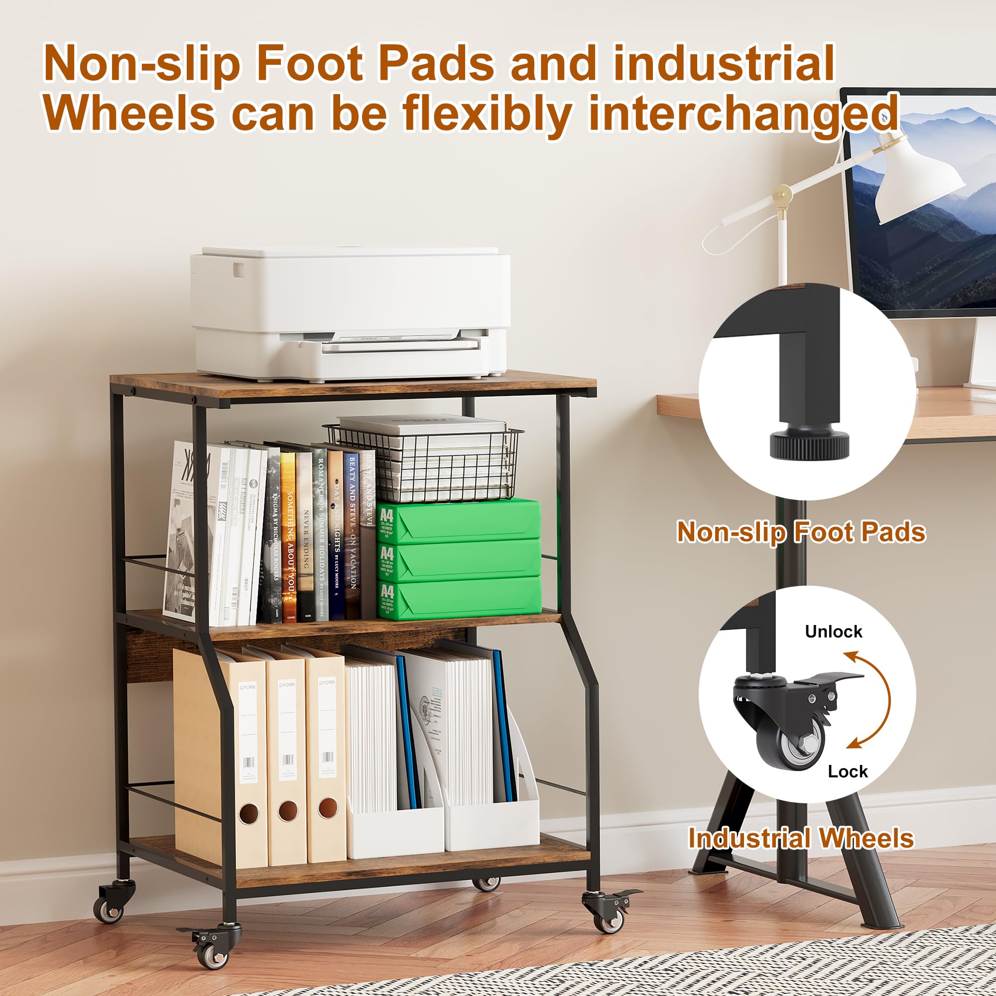 TQVAI 3 Tier Large Printer Stand with Storage on Wheels Printer Table Home Office Microwave Shelf for Kitchen Storage Trolley Rustic Brown Furniture