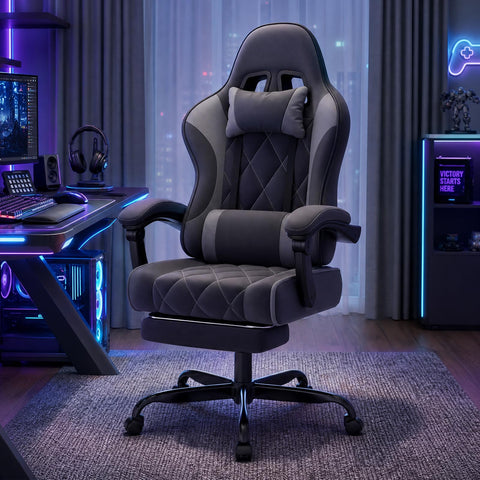JUMMICO Fabric Gaming Chair with Footrest – Ergonomic Reclining Gamer Chair for Adults with Pocket Spring Cushion, Headrest & Massage Lumbar Support