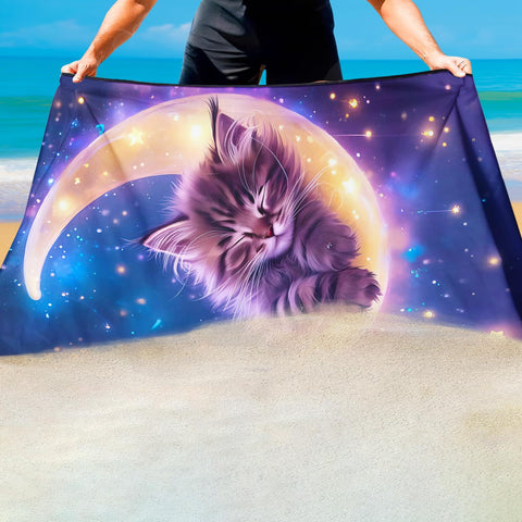 Violetpos Nebula Sleeping Kitten Beach Towel for Kitty Lovers, Extra Large 180x90 cm 250GSM Microfibre, Sand Free Quick Dry