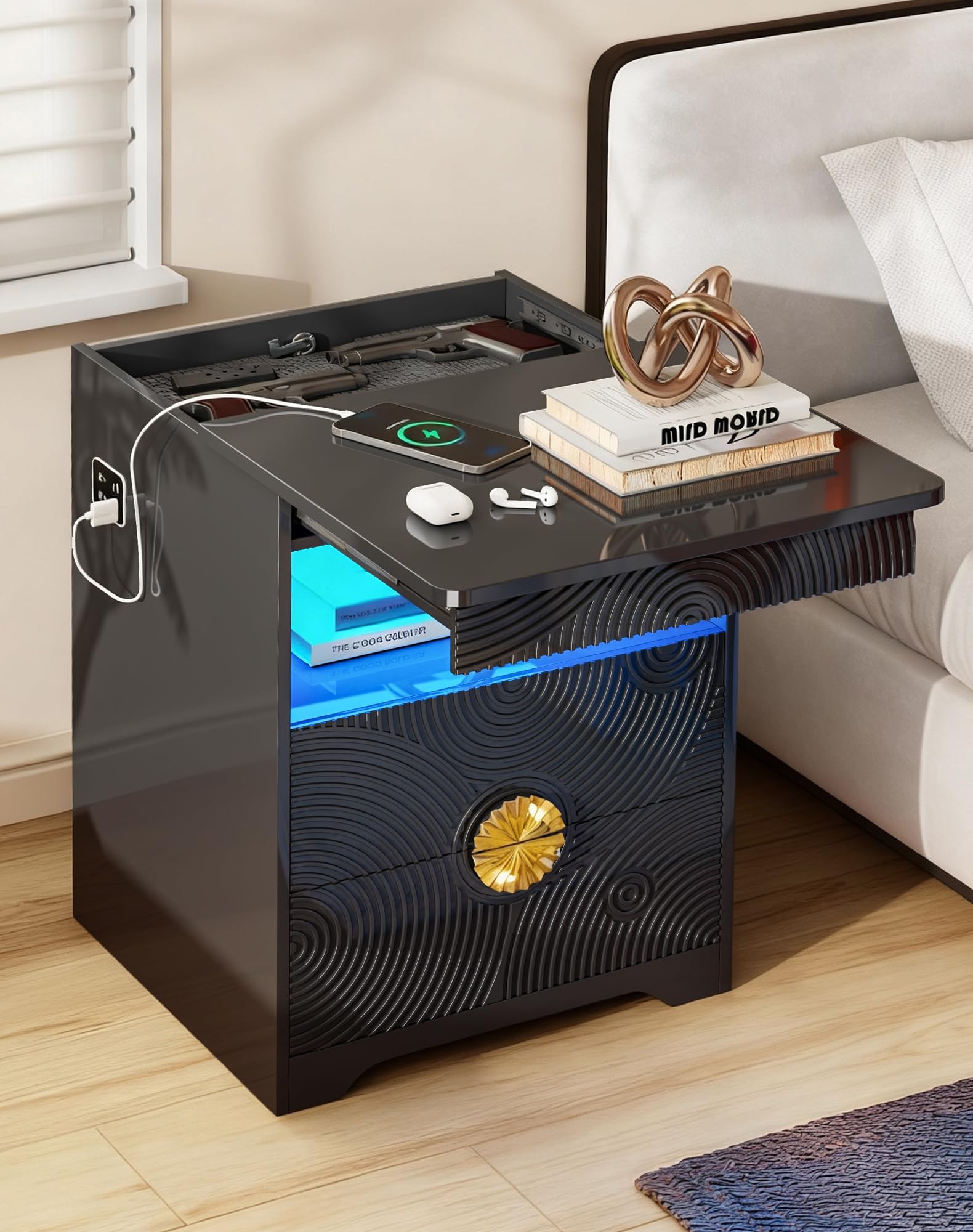 FREDEES LED Bedside Table with Hidden Drawer for Bedroom, Black