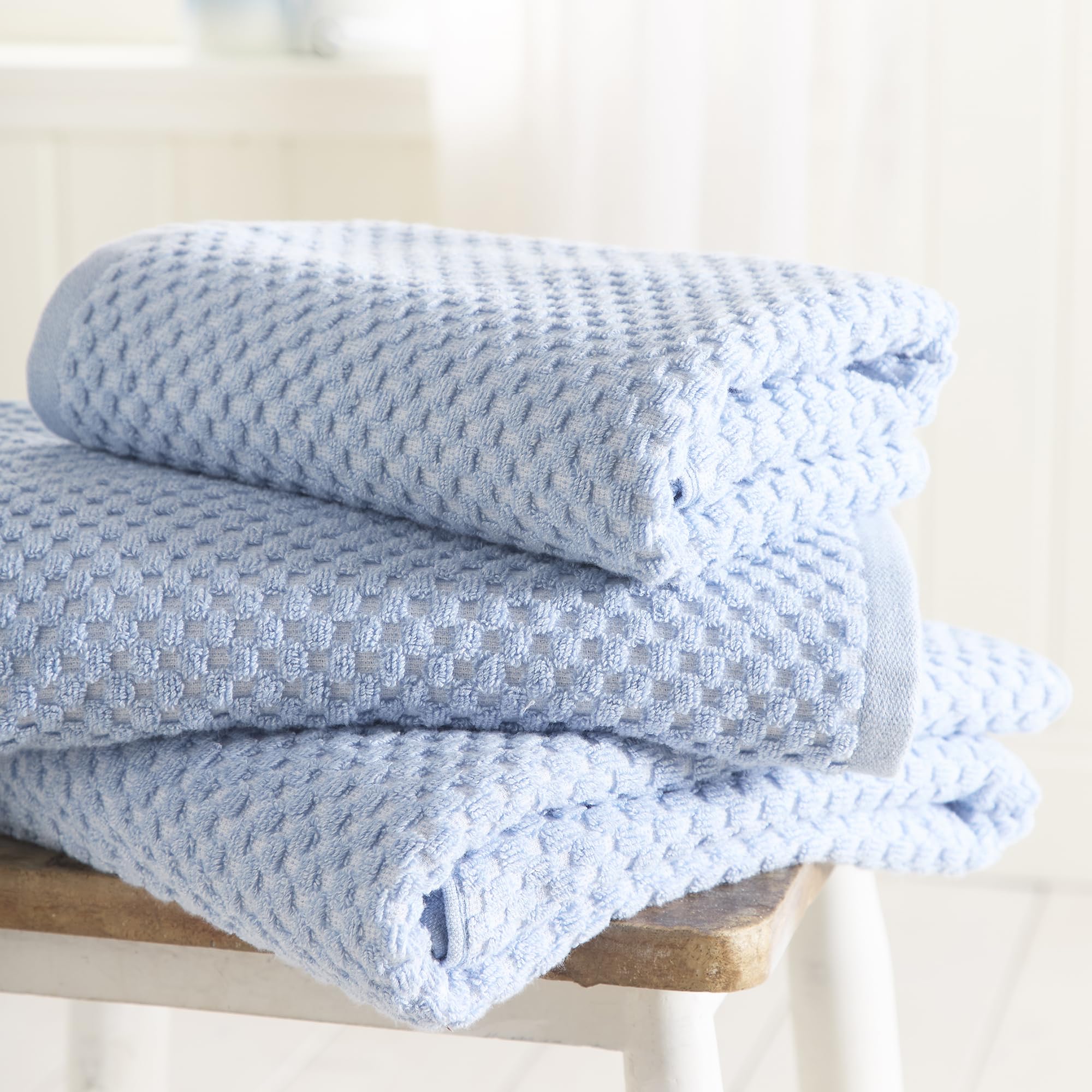 Dreams & Drapes Popcorn Check Bath Towel Blue – Soft Absorbent 100% Cotton Jacquard Textured Bathroom Towel, Quick‑Dry