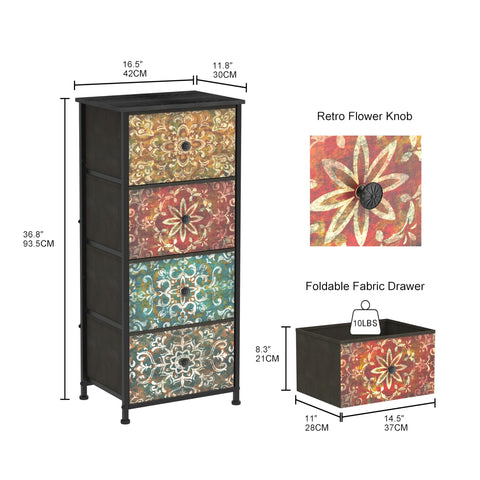 Welfuturer Chest of Drawers with 4 Fabric Drawers Bohemian Print Bedroom Storage Unit Nightstand End Table with Wood Top Metal Frame for Bedroom