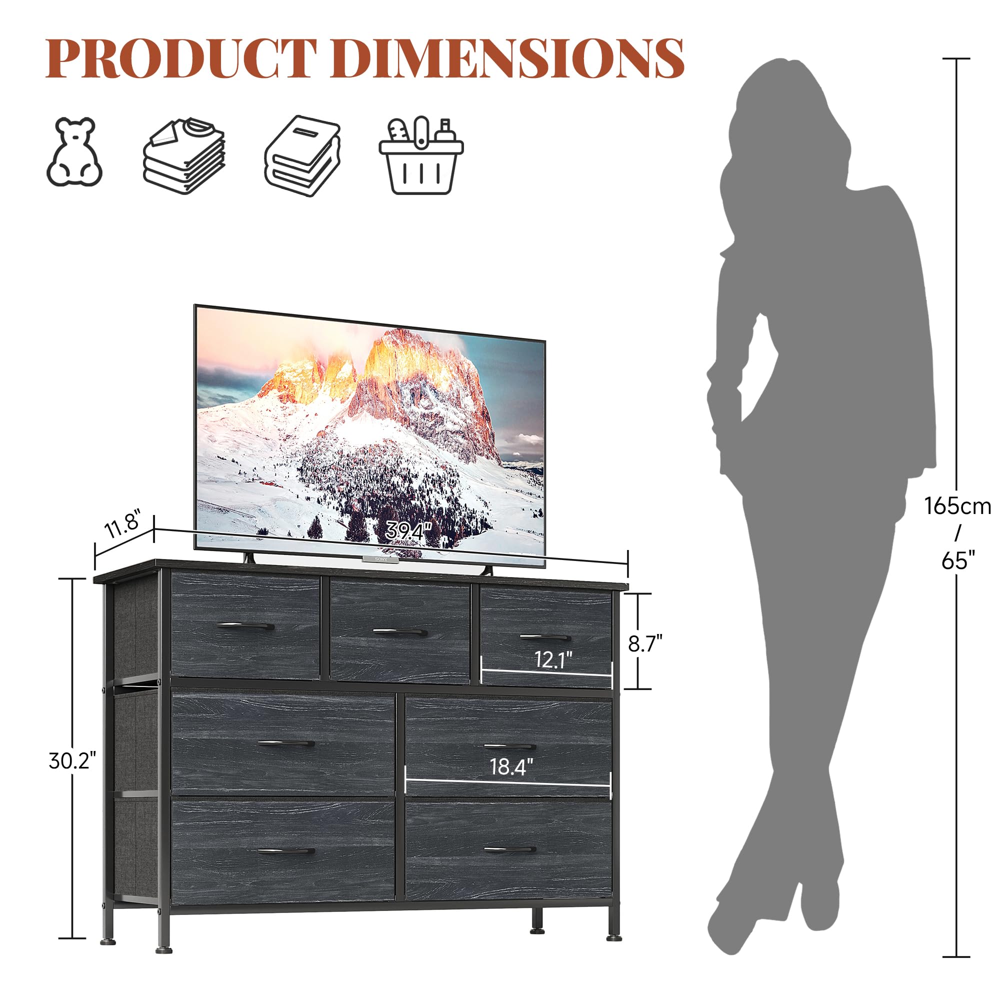 CAIYUN Chest of Drawers for Bedroom with 7 Drawers, Fabric Storage Drawer, Tall White Hallway Storage Unit, Charcoal Black