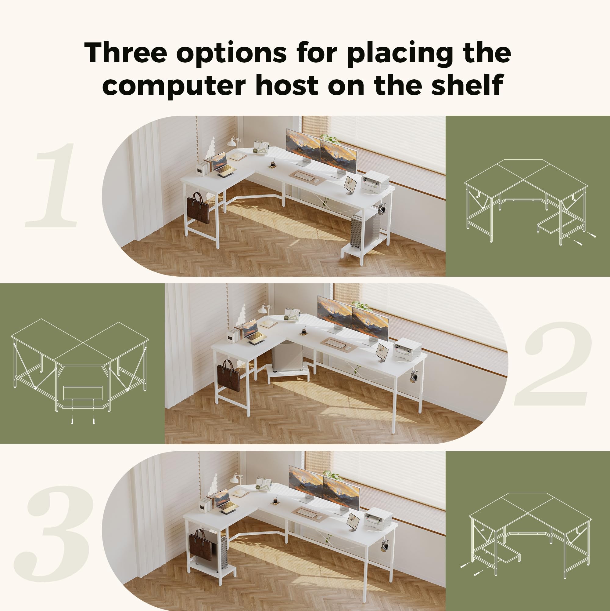 Mericonia L Shaped Desk, Diamond Design for Socket, 120x110cm, White