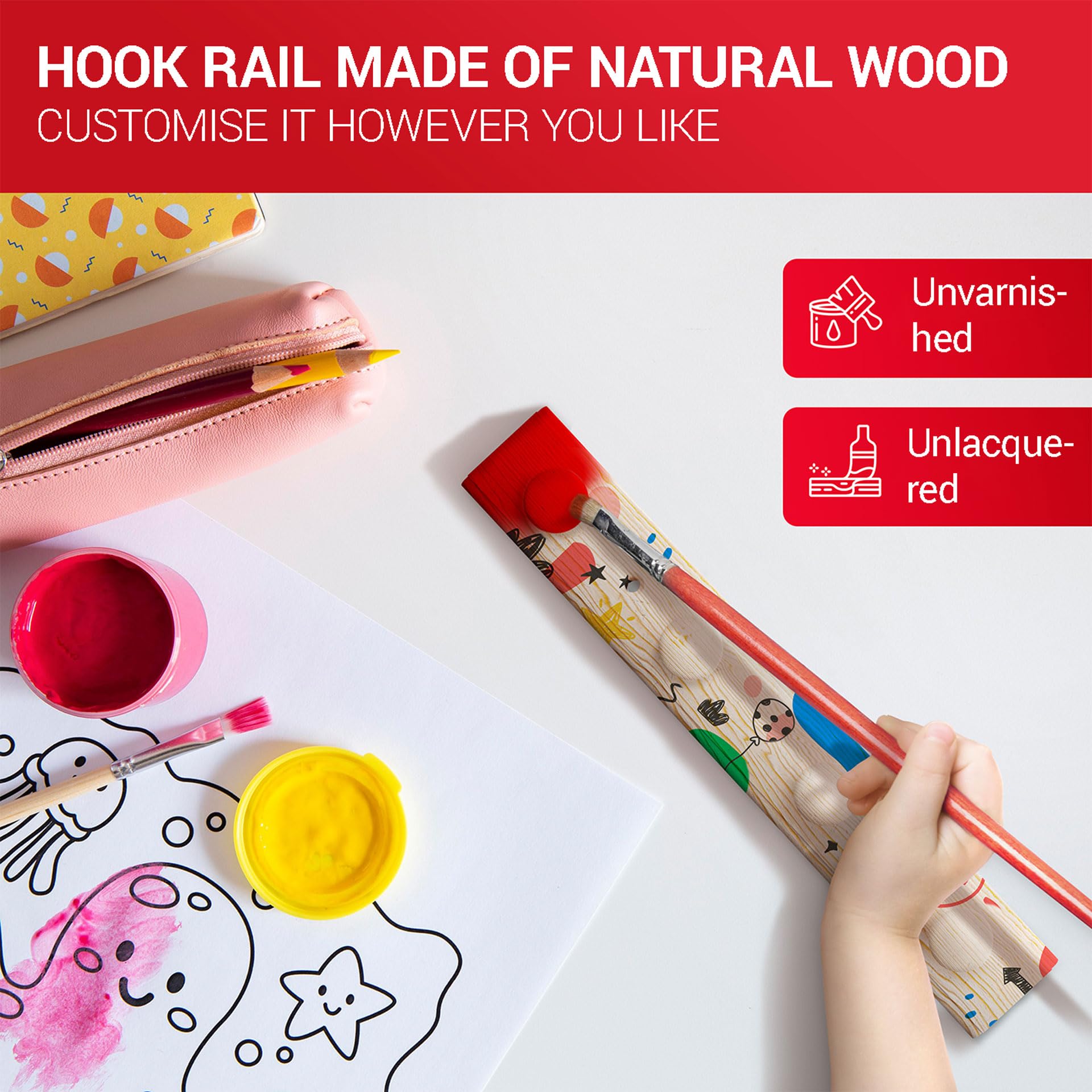 LouMaxx Wooden Hook Rack with Hooks - Wall Mounted Coat Rack for Children - Made of Untreated Pine Wood
