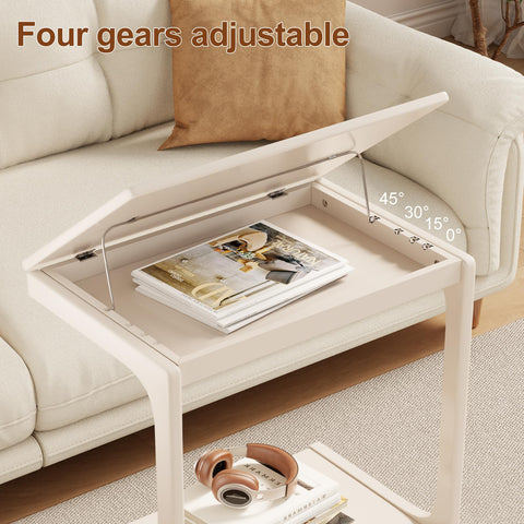 AQIMUELE Wooden C-Shaped End Table,Couch Table with Adjustable Desktop,Small Rolling Side Table with 2 Lockable Wheels 60 Width,Small End Table for