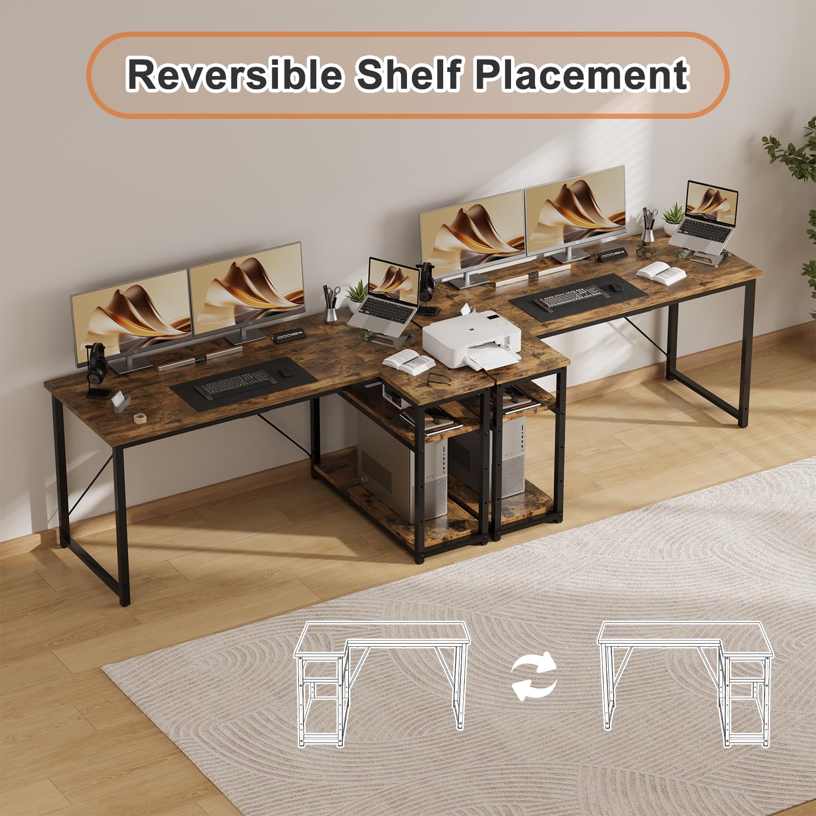 JUMMICO L Shaped Desk 140x80cm with Storage, Corner Computer Desk with Reversible Shelf, Sturdy Office Desk & Workstations for Home Office, Brown