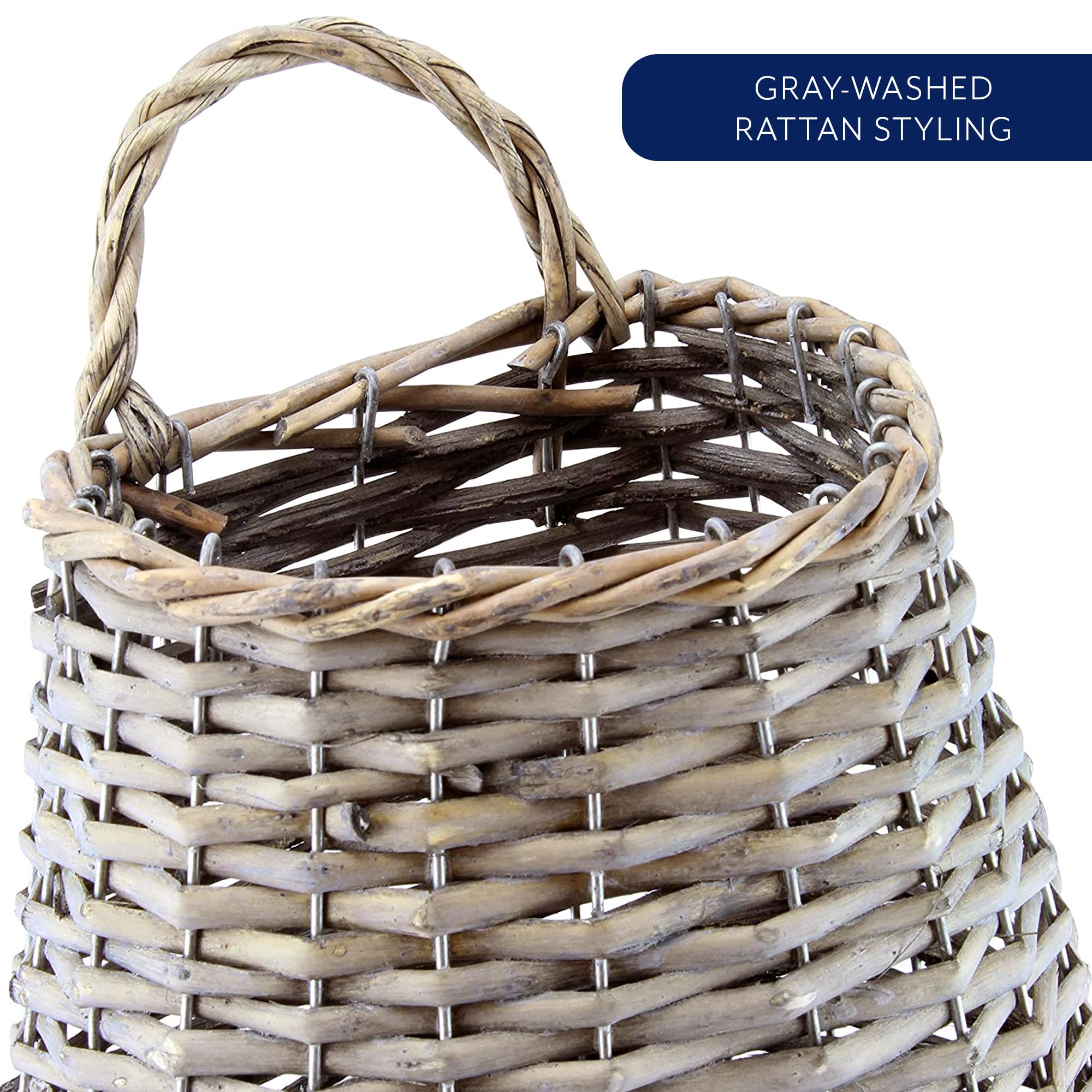 AuldHome Wall Hanging Pocket Basket; Woven Wicker Rustic Farmhouse Gray Washed Long Basket; 17 x 9 x 5 Inches