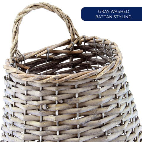 AuldHome Wall Hanging Pocket Basket; Woven Wicker Rustic Farmhouse Gray Washed Long Basket; 17 x 9 x 5 Inches