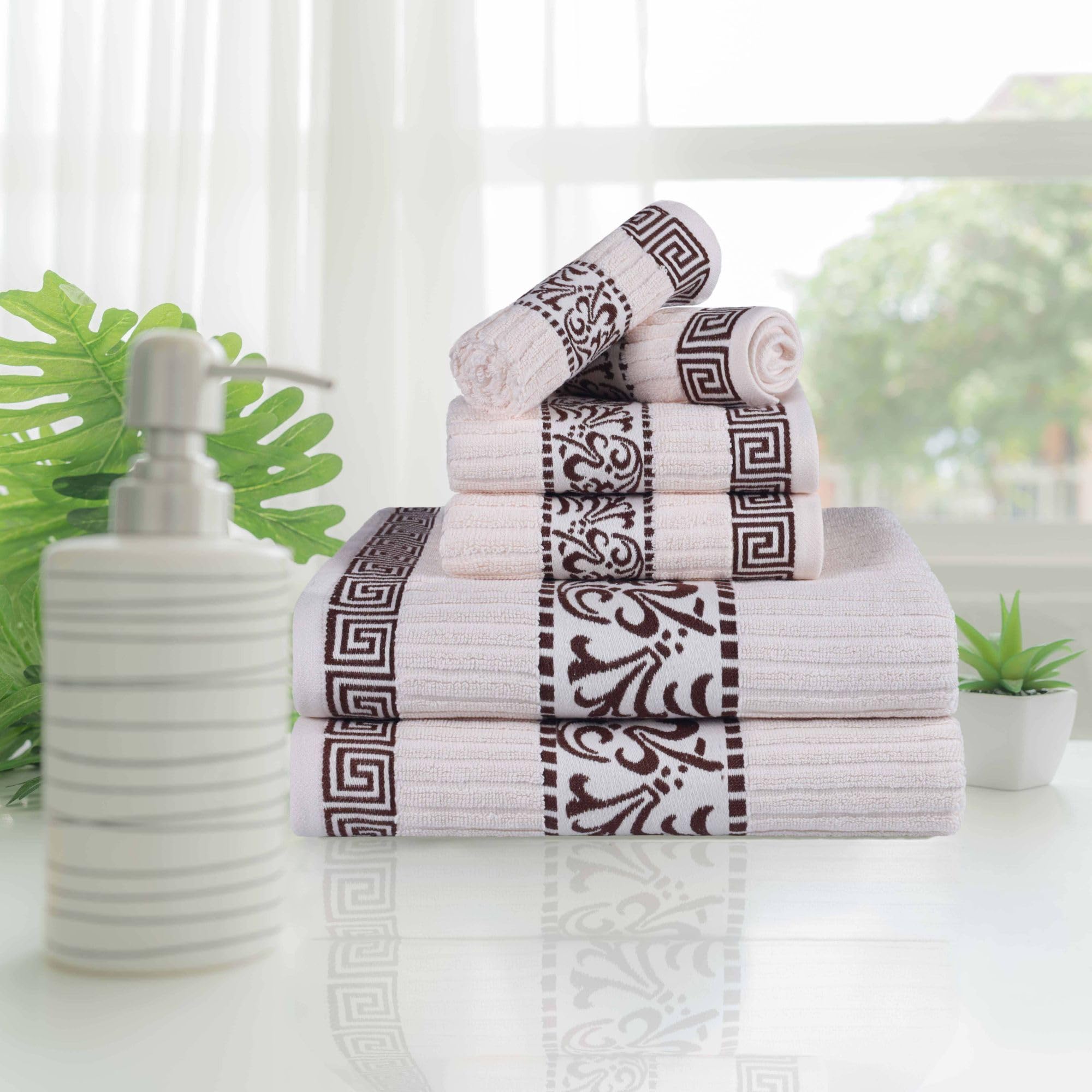 Superior Greek Pattern Decorative 6-Piece Towel Set, Absorbent Premium Cotton, Decor for Bathroom, Spa, Includes 2 Hand, 2 Face, and 2 Bath Towels