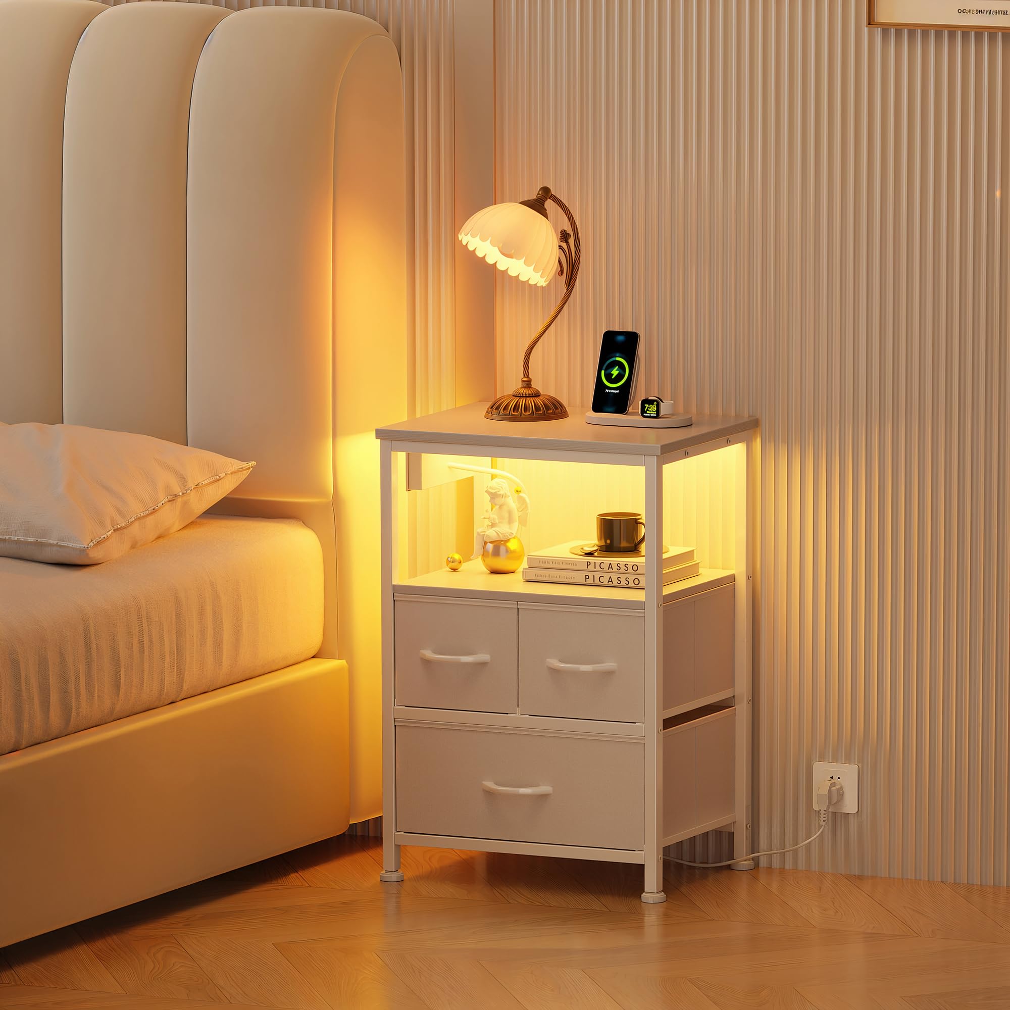 Flrrtenv Bedside Table with Charging Station, 3 Drawers Fabric Bedside Cabinet for Bedroom, LED Night Stand with Storage Shelf