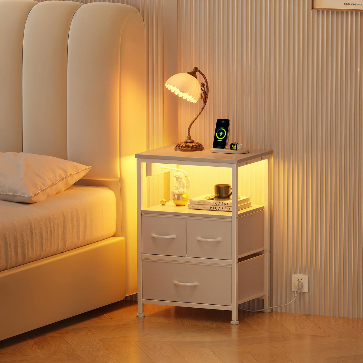 Flrrtenv Bedside Table with Charging Station, 3 Drawers Fabric Bedside Cabinet for Bedroom, LED Night Stand with Storage Shelf