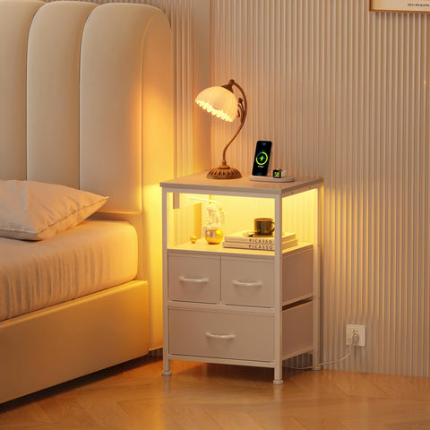 Flrrtenv Bedside Table with Charging Station, 3 Drawers Fabric Bedside Cabinet for Bedroom, LED Night Stand with Storage Shelf