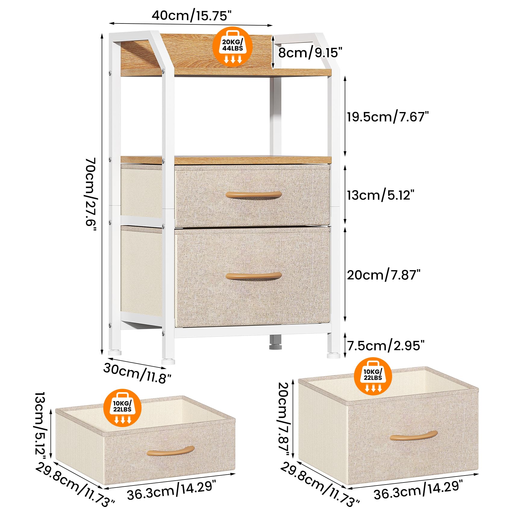Feonase Set of 2 Bedside Table with 2 Fabric Drawers & Open Shelf - Sturdy Metal Frame Nightstand, Compact End Table for Bedroom, Living Room