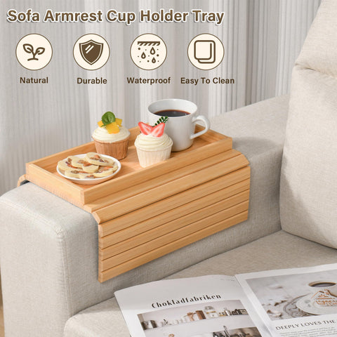WGNIVOROUS Natural Bamboo Sofa Arm Tray, Armchair Tray, Adjustable Sofa Support, Sofa Side Table for Remote Control, Drink, Snacks, Magazine