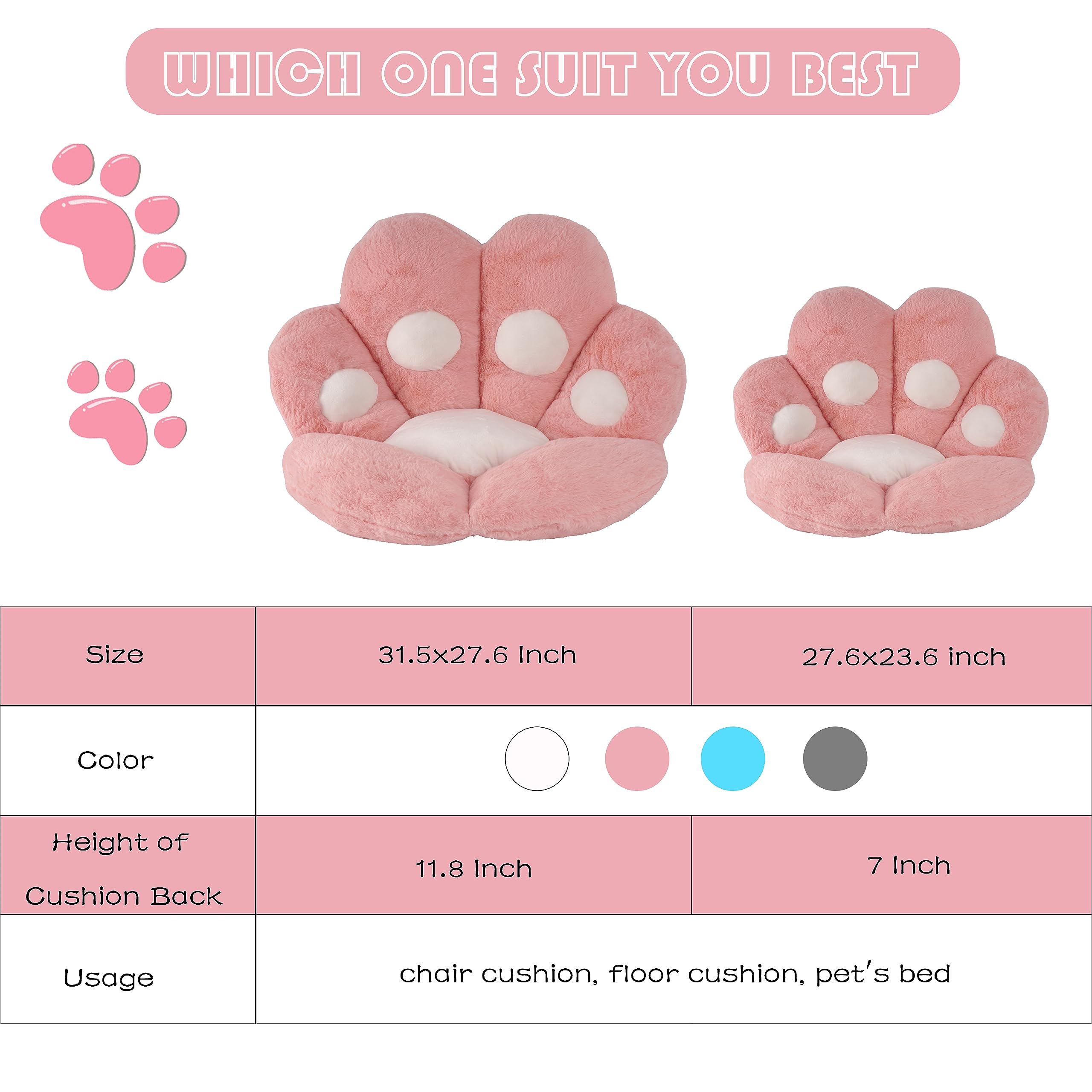 FlyGulls Cat Paw Cushion for Computer Gaming Office Chairs Pink 60x70 cm