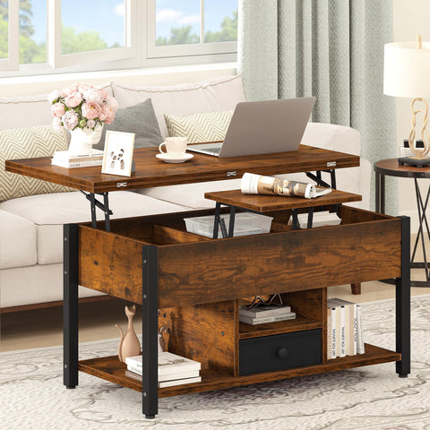DWVO Lift Top Coffee Table, Converts to Dining Table, Features Drawers & Hidden Storage, Multi-Functional Coffee Table Living Room, Rustic Brown