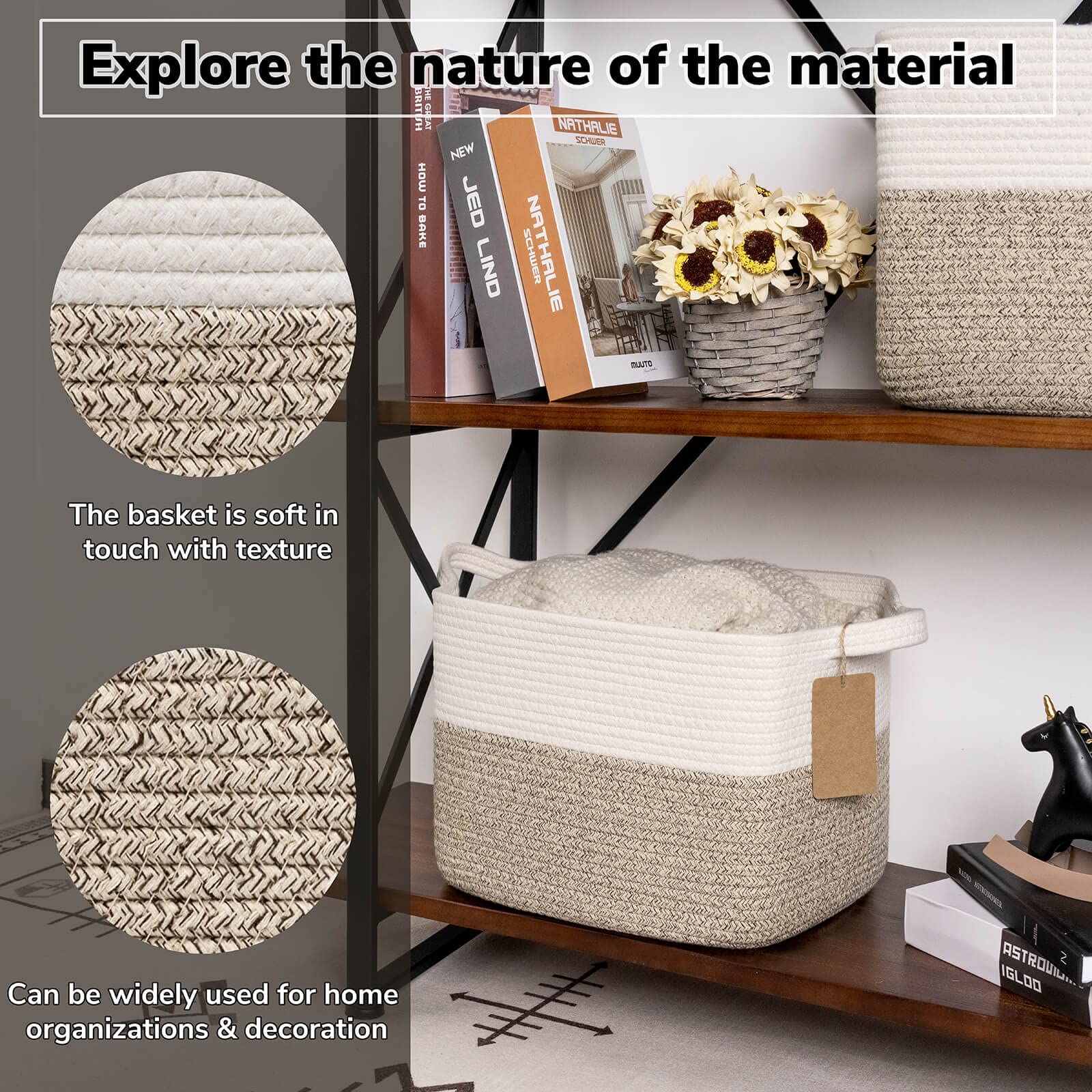 TIMEYARD Woven Storage Basket Cotton Rope Shelf Basket Brown
