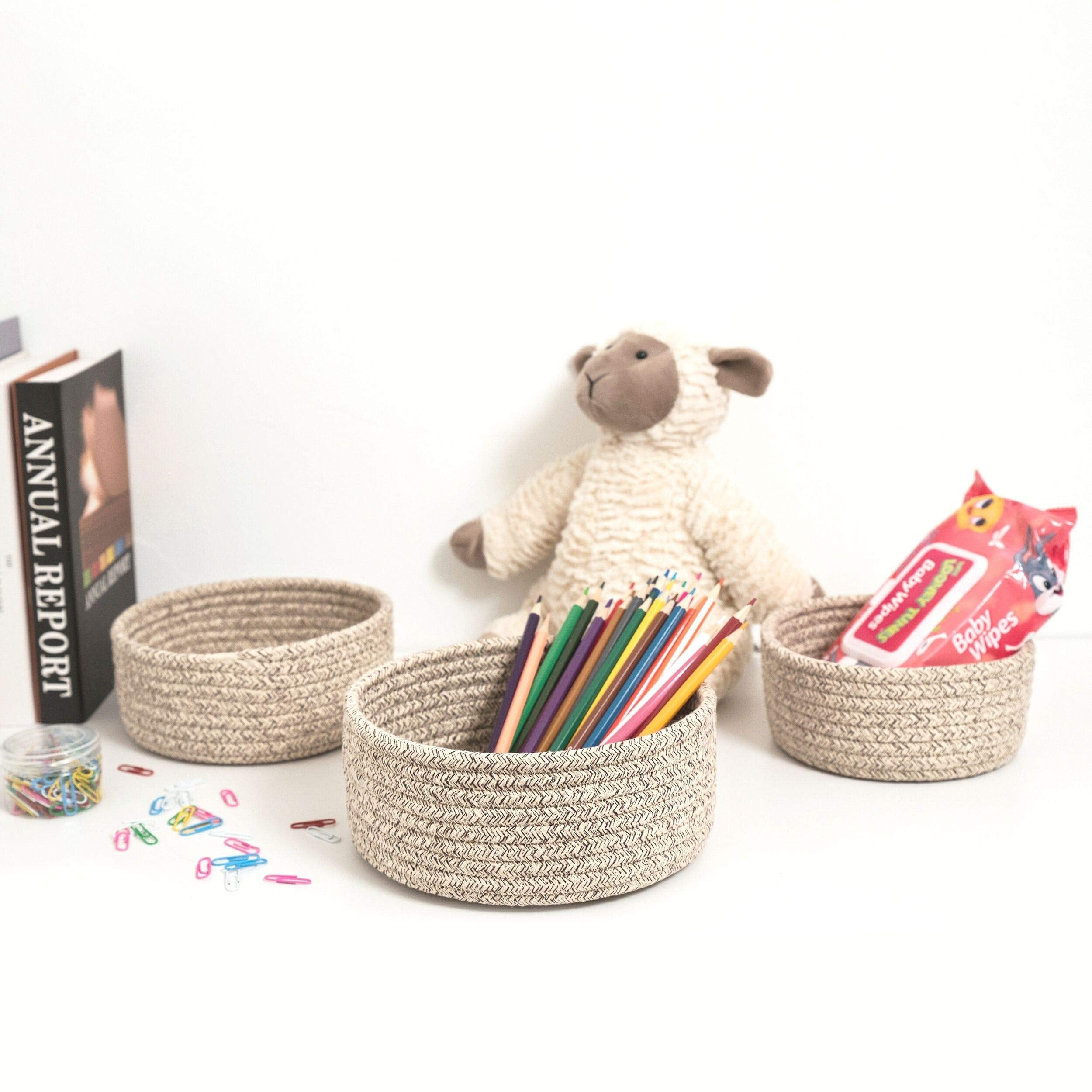 MINTWOOD Design Set of 3 Cotton Rope Nesting Bowls, Small Catch All Basket, Cute Closet Baskets and Bins for Shelves