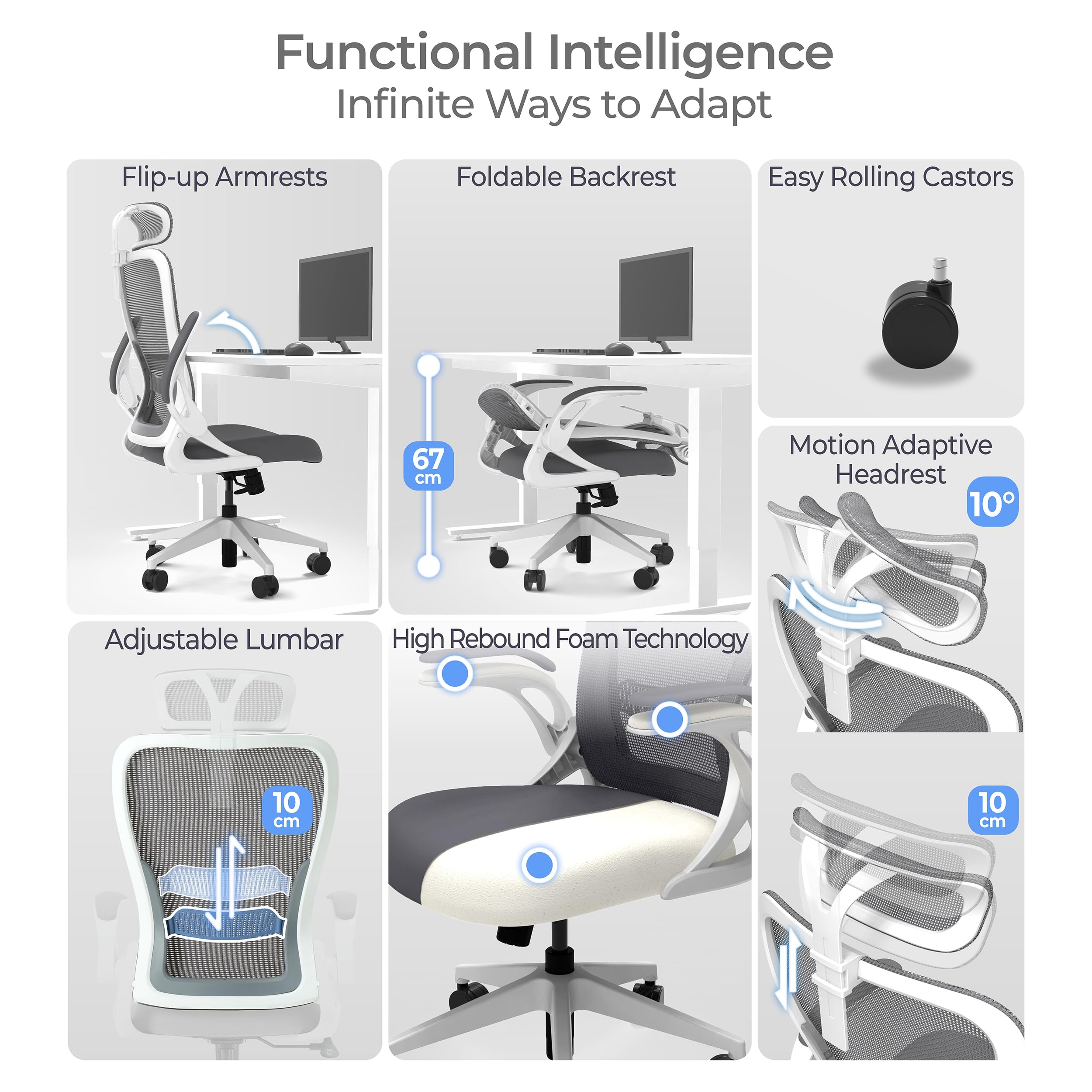Tervo Model U | Folding Office Chair for Small Spaces | Ergonomic Design with High Rebound Mesh | Computer Desk Chair for Gaming | For Adults & Kids