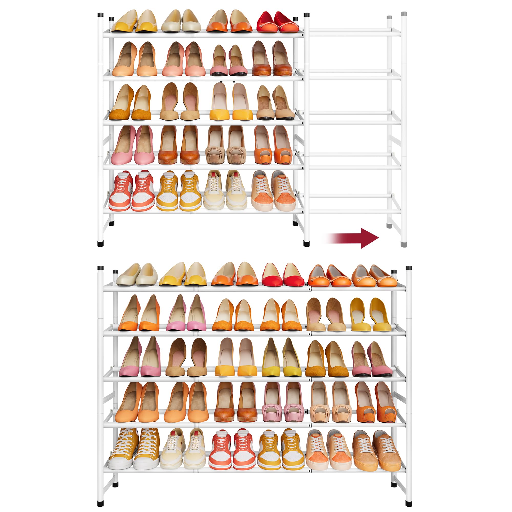Tajsoon Expandable Shoe Rack for Closet 5 Tier, 71-105 cm Stackable, White