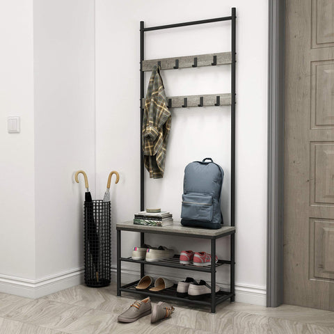 Mondeer Coat Rack Stand, Shoe Rack, Coat Rack Stand, Clothes Rack, Shoe Storage Bench with 9 Hooks, Metal Hall Tree, Metal Frame for Bedroom, Living