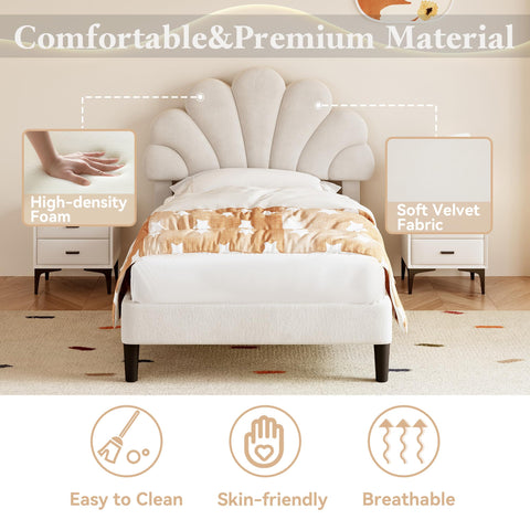 Merax Single bed frame, 3ft Single Upholstered Bed, Adjustable Chic Petal Headboard, Sturdy Wooden Slat Support, Velvet Fabric (No Mattress)