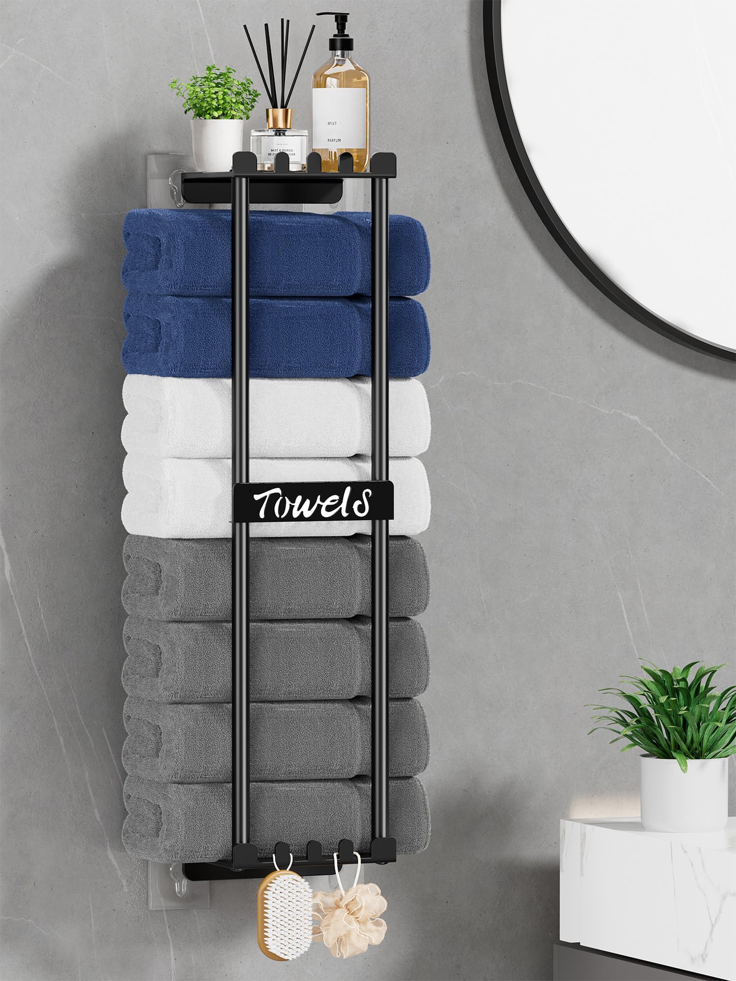 HapiRm Towel Rack Wall Mounted - 6 Hooks with Top Shelf,No Drilling