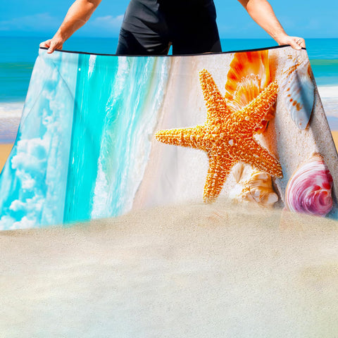 Violetpos Golden Starfish & Shells Beach Towel, Extra Large 180x90 cm 250GSM Microfibre, Sand Free Quick Dry