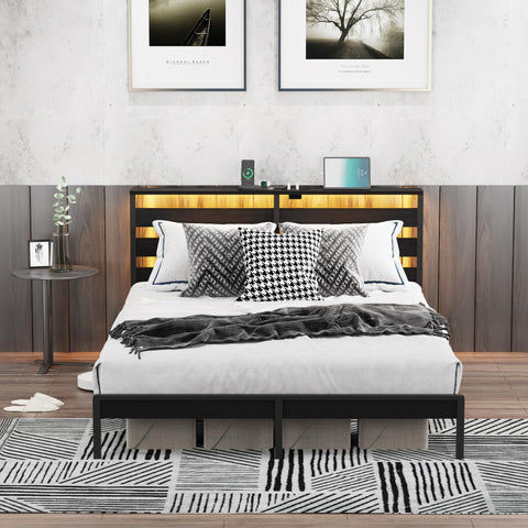 XINBEDEU King Metal Bed Frame with USB Charging Station, LED Lights & Storage Headboard – Heavy Duty Black Platform Bed with 31.5 cm Underbed Storage