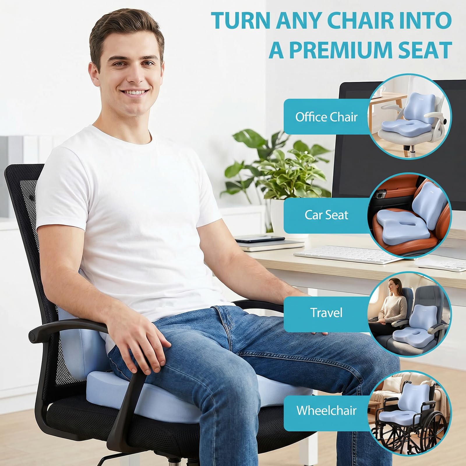 Seat Cushion and Lumbar Support - Memory Foam Chair Cushion and Back Support for Tailbone & Back Pain Relief Ergonomic Coccyx Cushion for Home Office